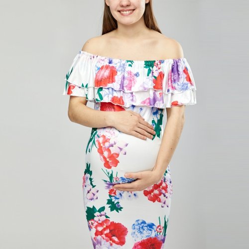 Maternity Open Shoulder Floral Bodycon Dress