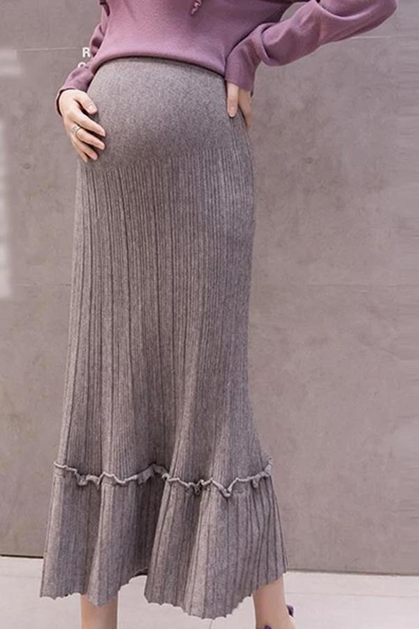 Maternity solid color ruffled stitching knit skirt
