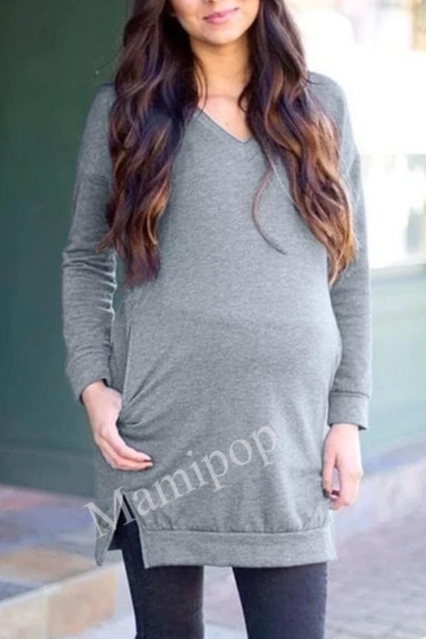 Maternity Clothes Winter Women Pregnant Maternity Cotton Blend V-Neck Long Sleeve Tops Pocket