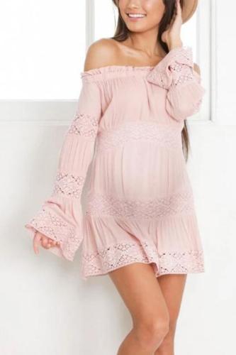 Maternity Lace Splicing Off-The-Shoulder Long Sleeved Dress