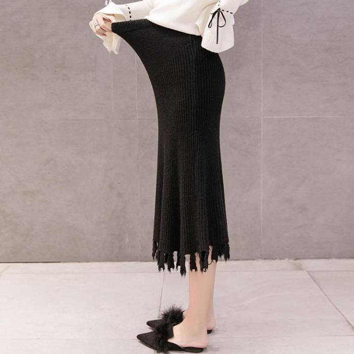 Maternity Solid Color Knit Fringe Skirt