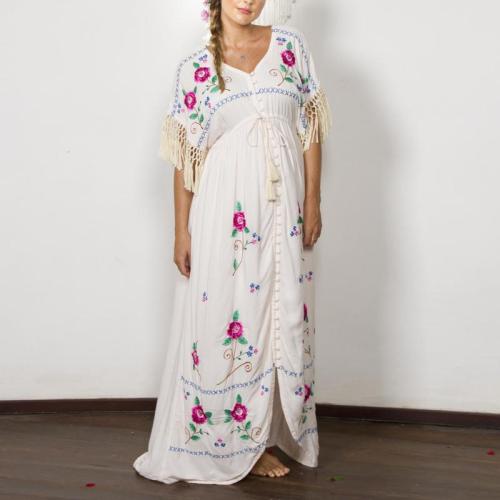 Maternity Bohemian V-Neck Fringed Embroidered Dress