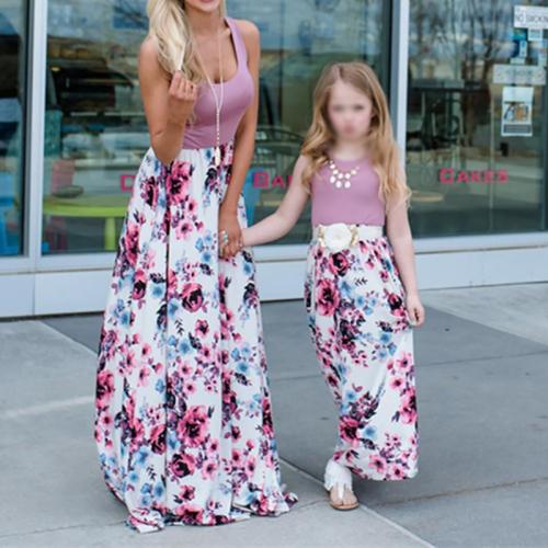 Parent-child Printed Colour Splicing Dress