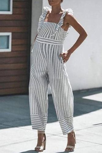 Maternity Striped Ruffled Sling Strapless Back Jumpsuit