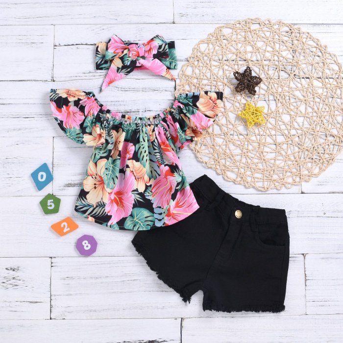 Children's Clothing Girls Black Shorts and print flower pattern tops set