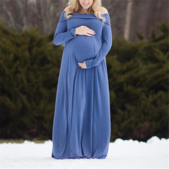 Casual One Word Collar Solid Color Long-sleeved Maternity Dress