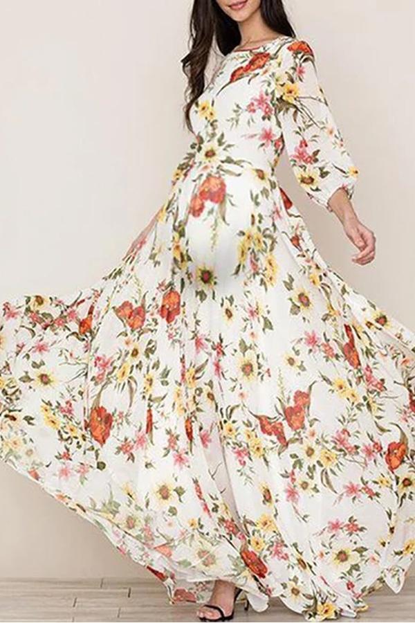 Maternity Bohemian Round Neck Printed Colour Bell Sleeve Dress
