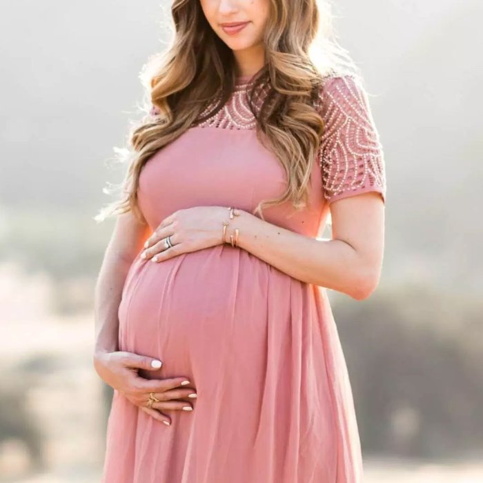 Maternity Pink Short Sleeve Lace Dress