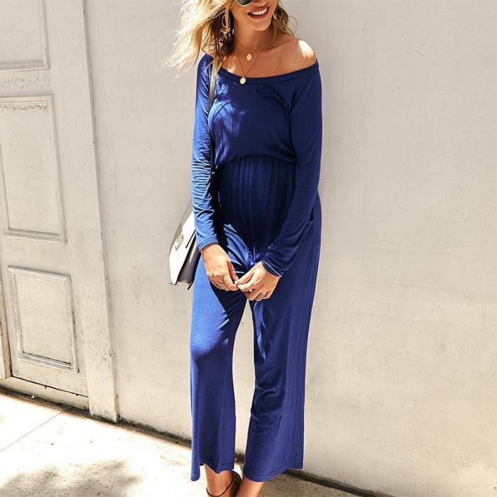 Maternity Casual Off Shoulder Pure Color Long Sleeve Jumpsuit