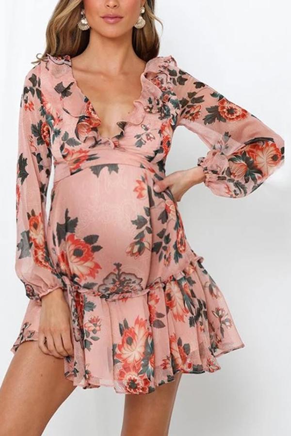 Maternity V-neck Sexy Floral Pleated Dress