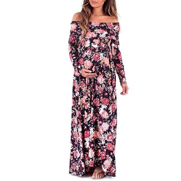 Maternity Off Shoulder Floral Print Full Length Dress