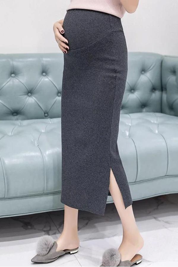 Maternity knit side slit solid colour long skirt