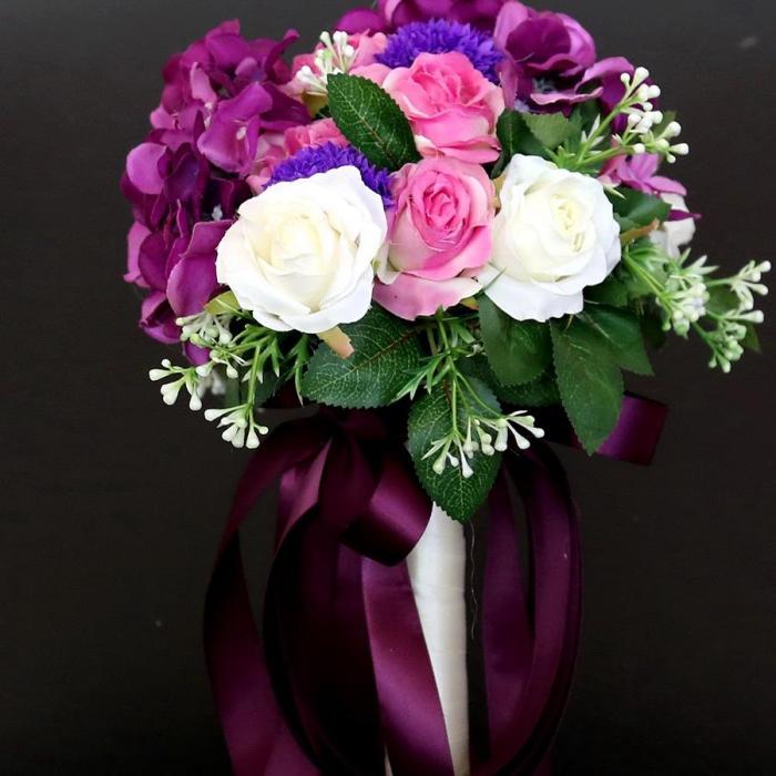 Wedding Bouquet Artificial Silk Rose Peony Flower Bride Bouquet Pink Hydrangea Pompom Bud Vanilla Spike Wedding Supplies