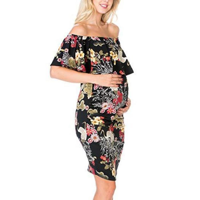 Maternity Floral Print Off Shoulder Bodycon Dress