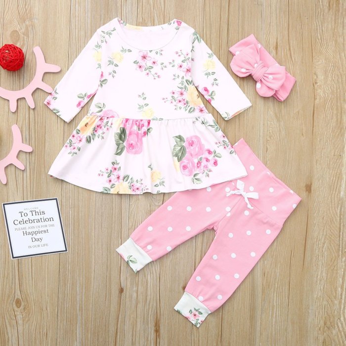 Infant Girl Clothing Long Sleeve Floral Tops Dress Pants Dot Clothes Set