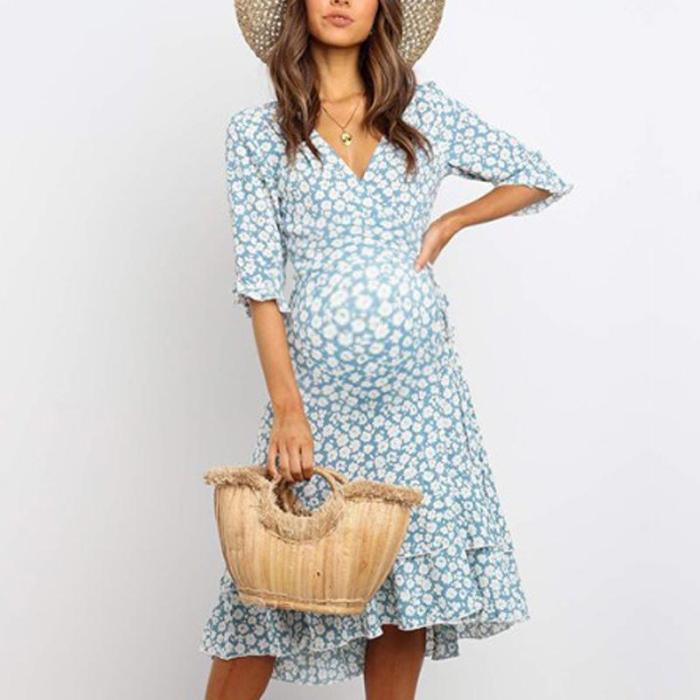 Maternity V-Neck Floral Casual Ruffled Dress
