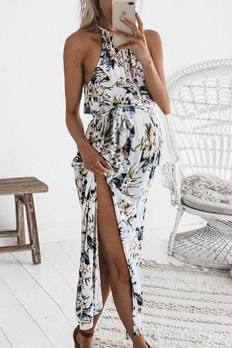 Maternity Sexy Open Shoulder Hanging Neck High Forked Dress