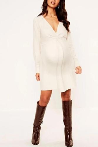 Maternity Deep V-Neck Long Sleeve Plain Fashion Dress
