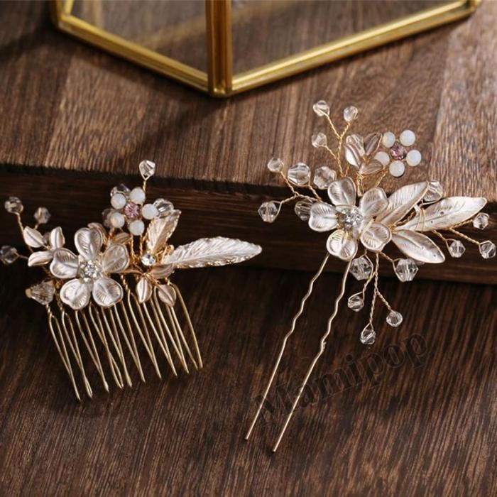 2 Pcs Women Hairpins Golden Leaf Flower Wedding Hair Accessories