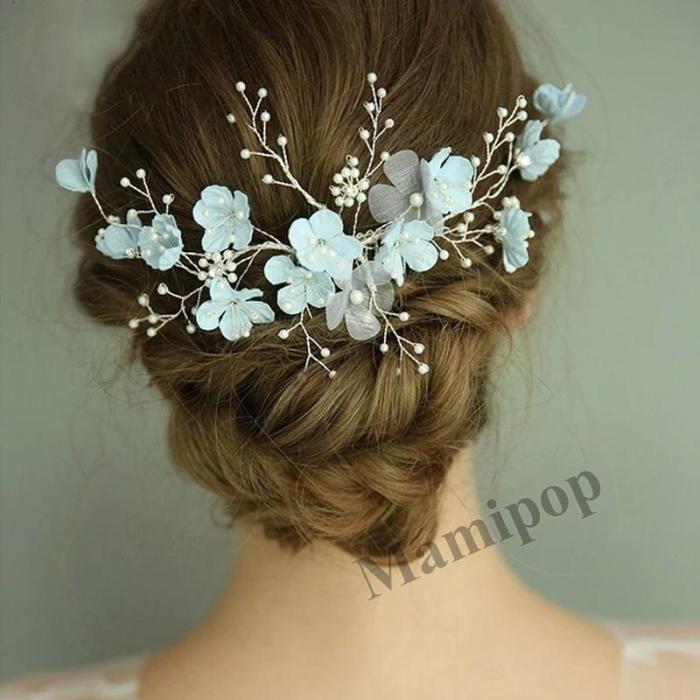 Trendy Blue Flower Wedding Hair Jewelry Pearl Women Hair Ornaments