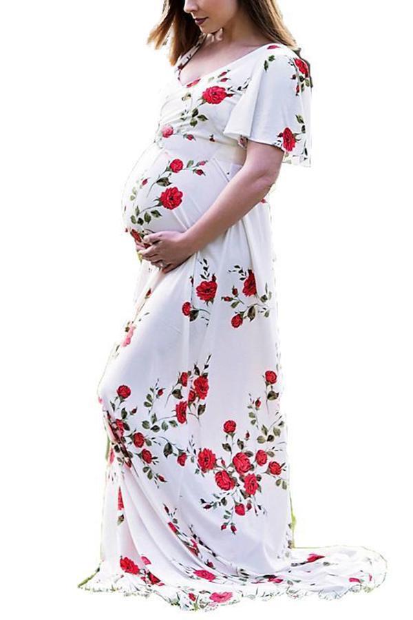 Maternity Floral Print Half Sleeve Floor Length  Photoshoot Gowns
