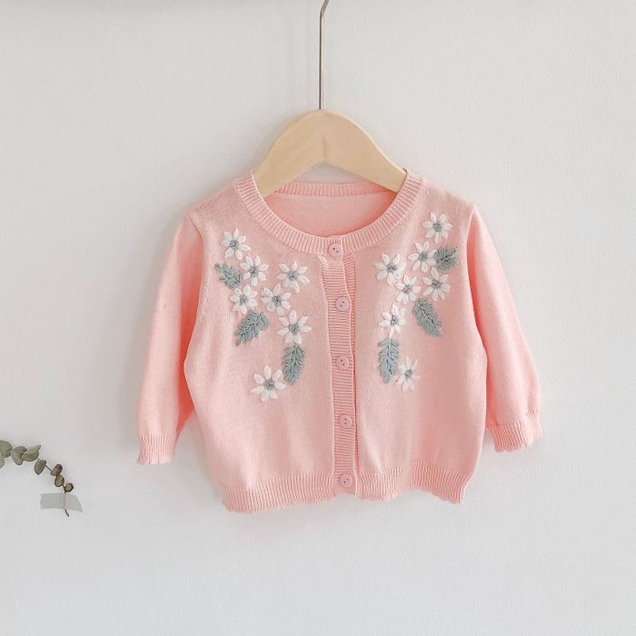 Early Autumn New Girl Baby Long Sleeve Sweet Solid Color Hand knitted Embroidery Coat