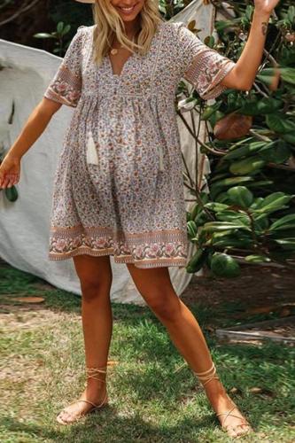 Maternity Loose Deep V-neck Short Sleeve Floral Print Dress