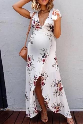 Maternity deep v floral printed short sleeves split long dress