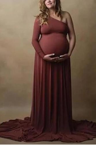 Maternity Elegant Pure Colour One Shoulder Dress
