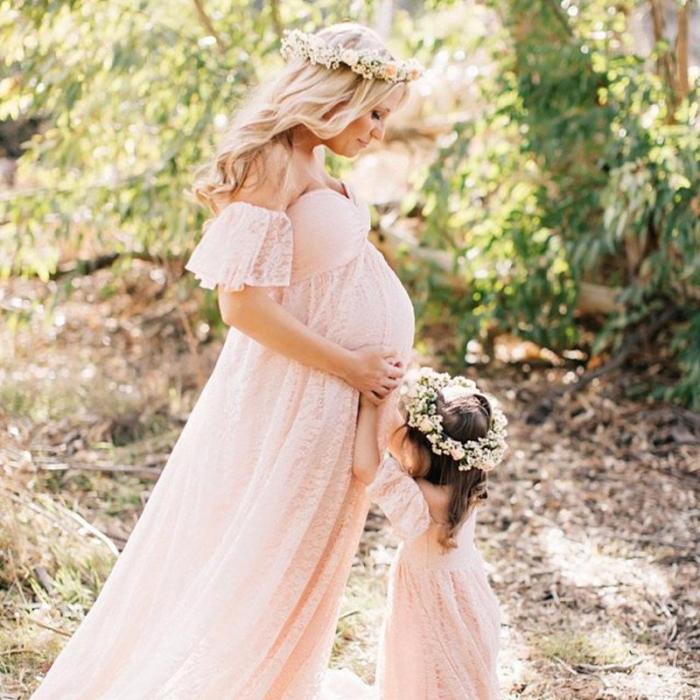 Maternity Photo Photo Dress With Looped Sleeves And Trailing Tail, Maternity Photo Lace Dress