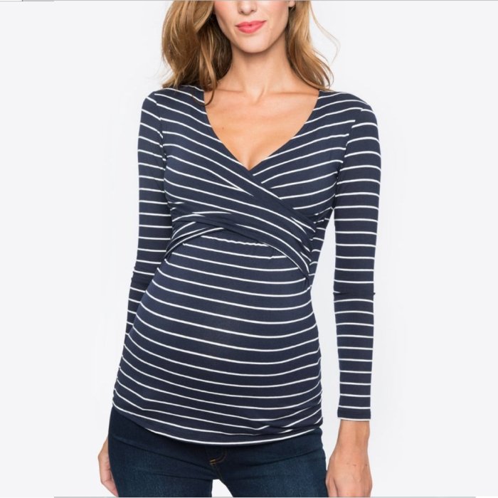 New V-neck Long Sleeve Striped Pregnant Woman's Baby Breast-Feeding T-shirt