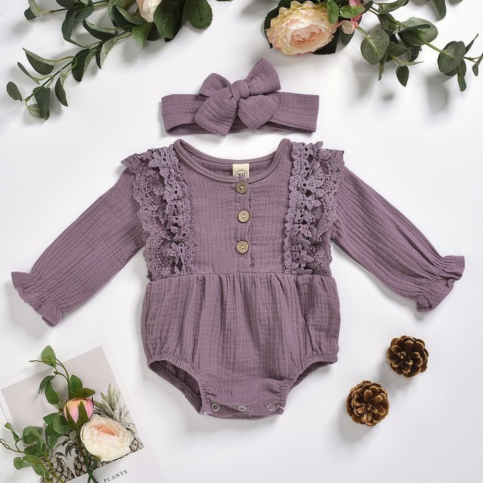 Infant Long Sleeve Solid Color Lace Romper  Headbands New Fashion Clothes