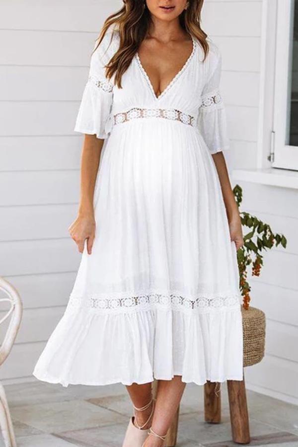 Maternity Deep V-Neck Flare Sleeve Midi Dress
