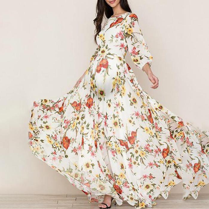 Maternity Bohemian Round Neck Printed Colour Bell Sleeve Dress