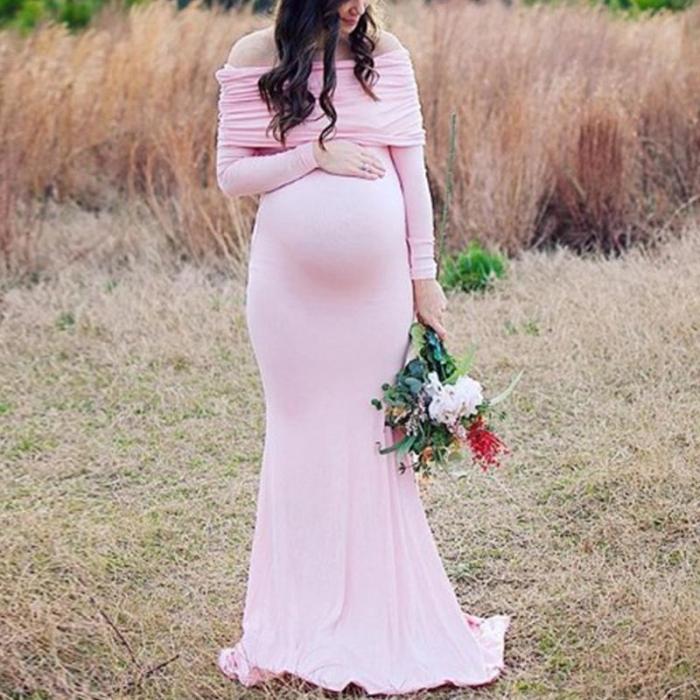 Maternity Elegant Off Shoulder Pure Color Long Sleeve Dress