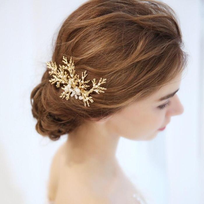 Golden Leaves Bridal Hair Comb Pearls Photography Hair Accessories