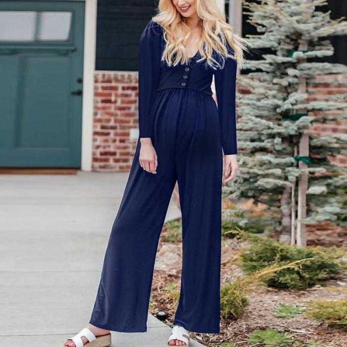 Maternity V-Neck Solid Color Long-Sleeve Jumpsuit