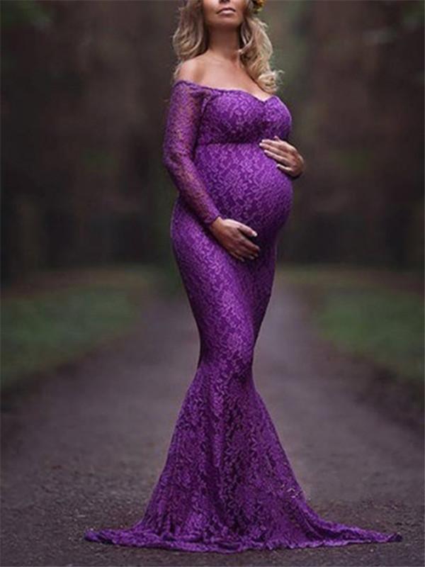 Sexy Word Collar Lace Mopping Long Maternity Dress