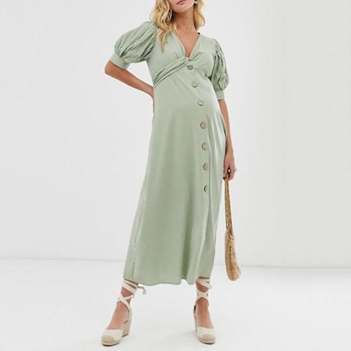 Maternity Casual Bishop Sleeve Single-Breasted Maxi Dress