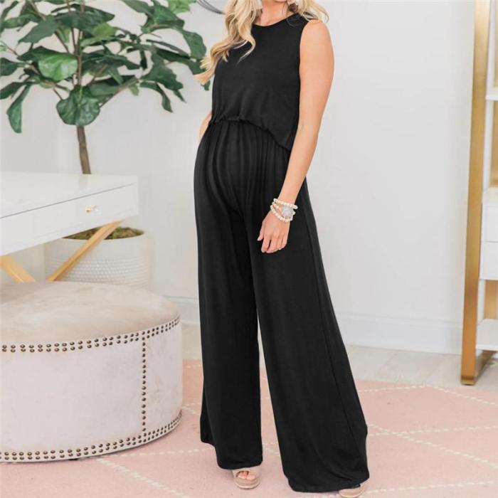 Maternity Loose Casual Pocketed Sleeveless Wide Leg Jumpsuit