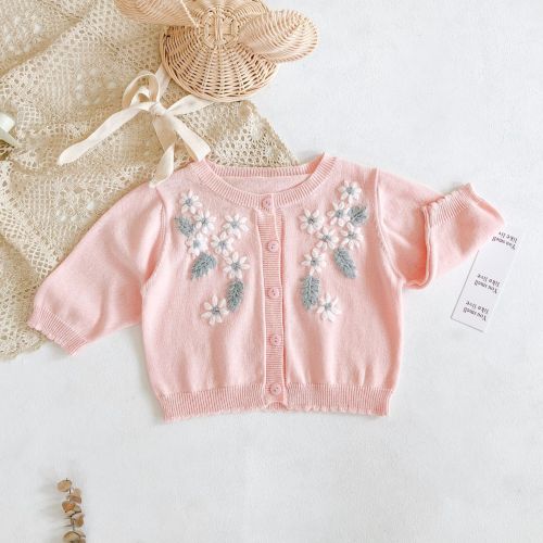 Early Autumn New Girl Baby Long Sleeve Sweet Solid Color Hand knitted Embroidery Coat