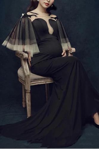 Maternity Elegant Black Trumpet Sleeve Photoshoot Dress