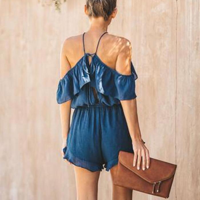 Maternity Solid Colour Romper With Ruffled Hem And Halter Back