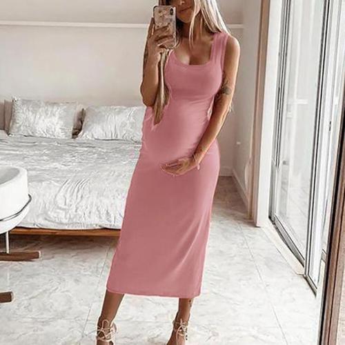 Maternity Casual Round Neck Sleeveless Pure Colour Dress