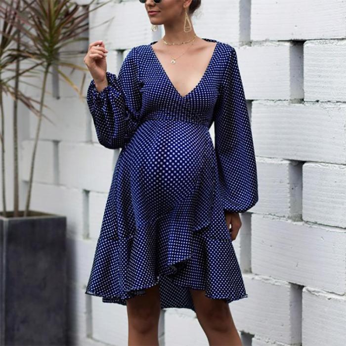 Maternity Fashion Bishop Sleeve Deep V Neck Ruffled Dress