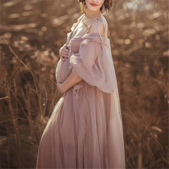 Sexy Solid Color Sling Chiffon Long Sleeves Maternity Dress