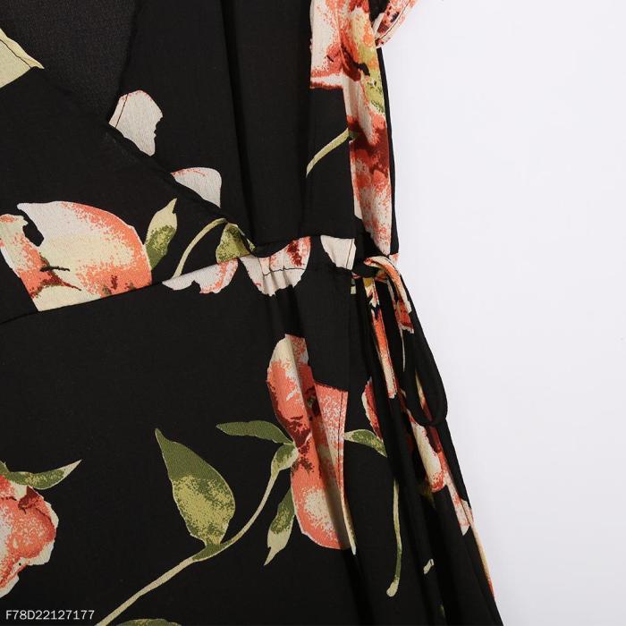 Fashion Deep V Collar Floral Printed Maxi Dress