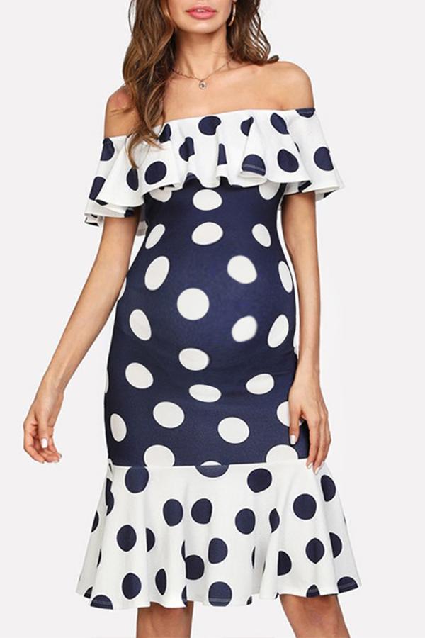 Maternity Off Shoulder Color Block Polka Dot Printing Dress