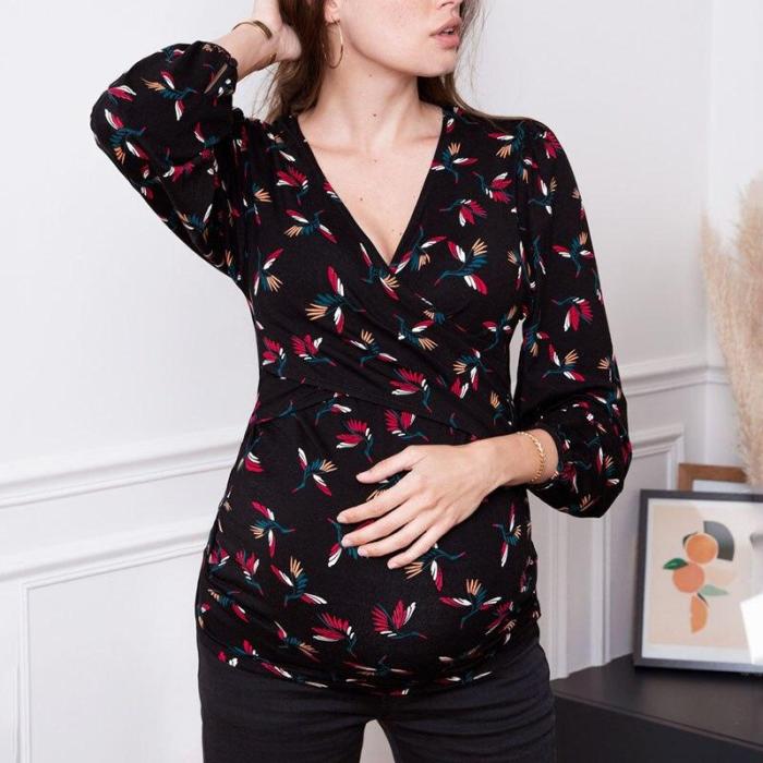Plus Size V-neck Long Sleeve Maternity Clothing Cross Breastfeeding Top Pregnancy T-shirt