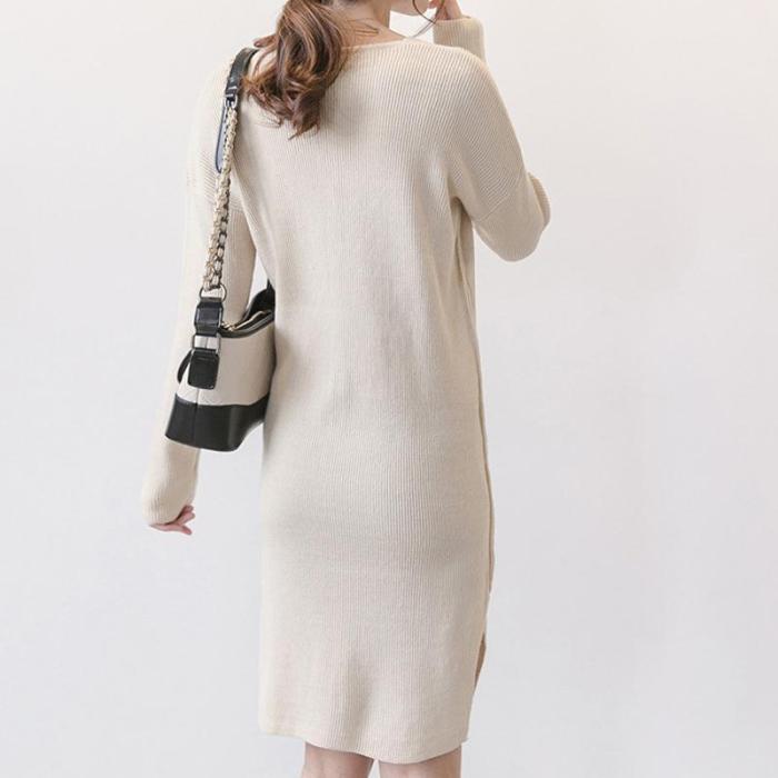 Maternity V-Neck Long Sleeve Sweater Dress